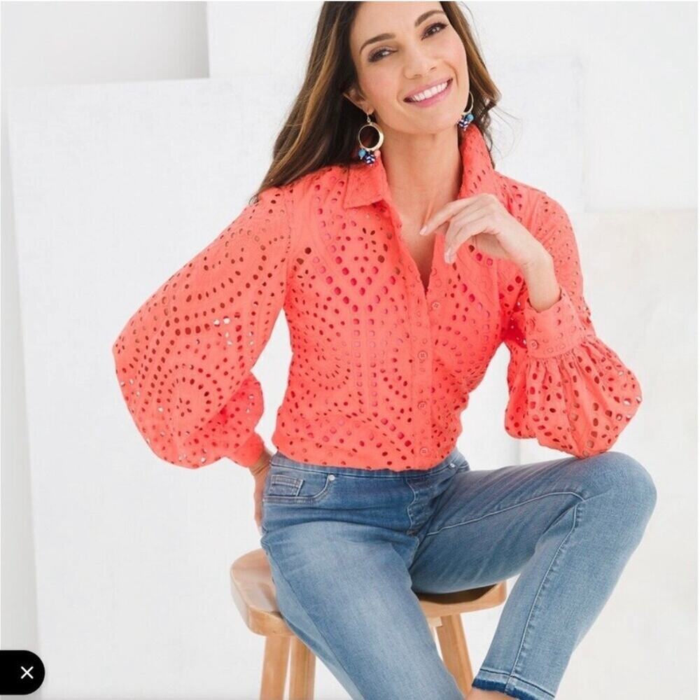 Chicos Eyelet Billow Sleeve Button Front Top 12/14 Boho Relaxed Nectarine NWT